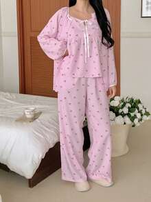 DAZY 3pcs/Set Sweet Cherry Striped Print Cardigan Top, Camisole And Pants Women Pajama Set - Pink - View 9