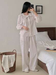 DAZY 2pcs Elegant Tie Bow Collar Striped Women Pajama Set, Autumn - Baby Pink - View 11