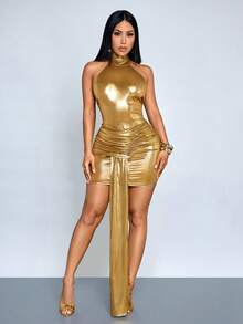 SOLERSUN 春夏女装：优雅迷人，是派对和聚会的完美之选。特色包括金色饰边、光泽面料、针织弹力面料、挂脖式设计、纽扣、露背、缎带、臀部褶裥以及性感迷你连衣裙。 - 金色 - 查看 6
