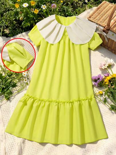 Vestido de línea A con cuello de volantes y contraste de color, de manga corta, suelto y casual para niñas, para uso diario, fiestas, primavera/verano