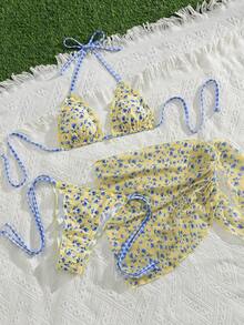 Swim Mod Đầm chiffon xếp ly quyến rũ họa tiết hoa caro đính ngọc trai, kiểu dáng dự tiệc âm nhạc bãi biển dành cho nữ, cổ yếm buộc dây phía sau, bộ bikini ba mảnh. - Nhiều màu - Xem 4