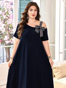 Lacomfia Plus Size Summer Casual Asymmetric Collar Dress With Bow Decor - Blue - View 1