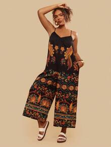 Travachic 大码女式黑色热带植物印花连体裤，吊带V领长裤连体裤，带口袋的岛屿休闲浪漫约会连体裤 - 黑色 - 查看 5