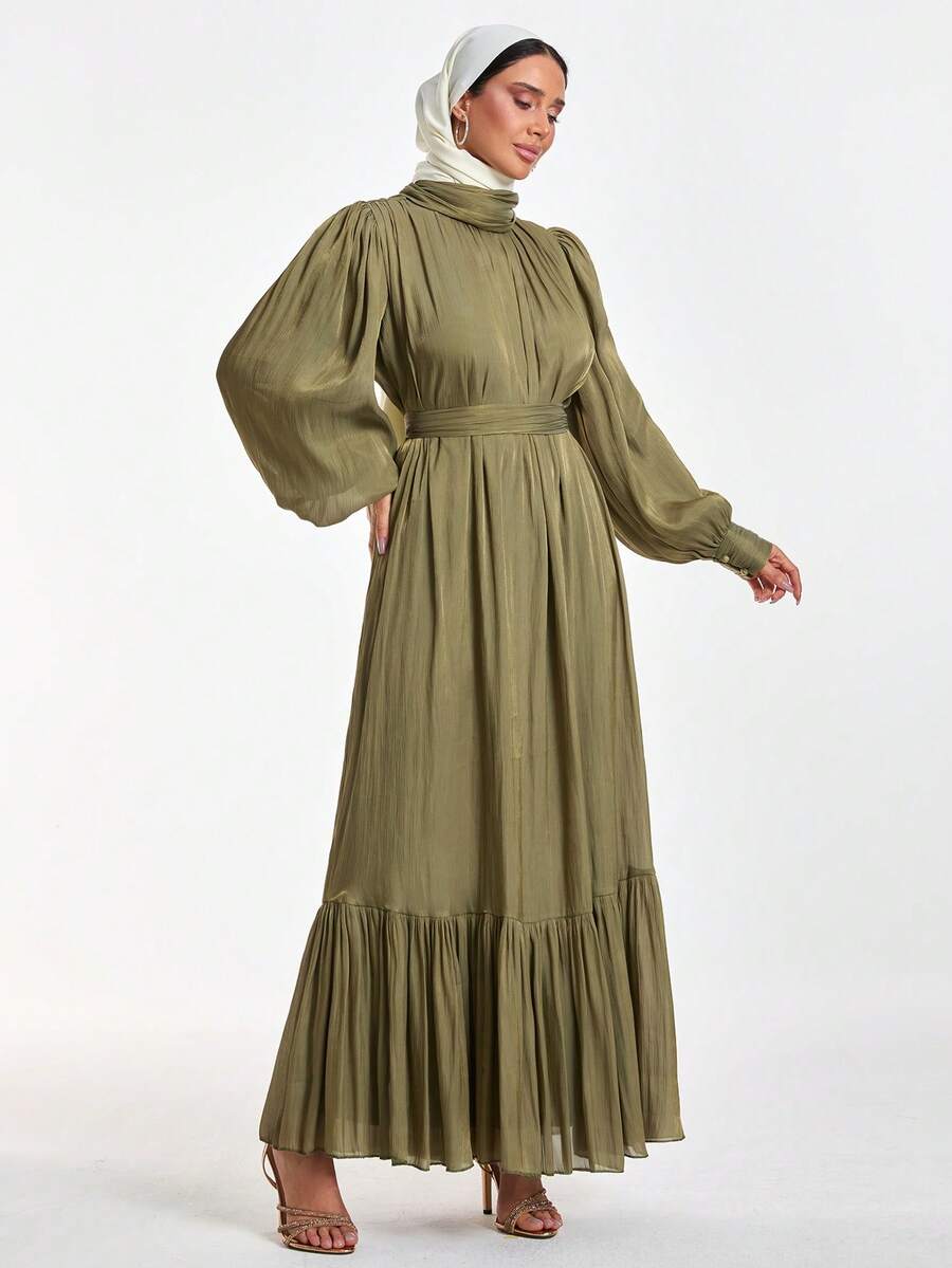 EURMUSE Elegant Light Olive Green Middle Eastern Maxi Dress With High Neck Tie, Long Sleeves, And Ruffled Hem – Modest, - Olive Green - View 1