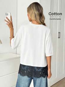 Easowa T-shirt ample à manches courtes, col rond et ourlet en dentelle pour femmes - Blanc - Voir 4