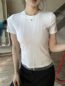 DAZY 韩版女式波点网纱系带二合一短袖T恤，春夏百搭 - 白色 - 查看 3