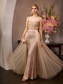 MOTF Soiréza ELEGANT CHAMPAGNE MAXI PARTY DRESS FOR WOMEN, SLEEVELESS ROUND NECK DRESS WITH RHINESTONE EMBELLISHED NECKLINE, SPARKLY SEQUIN FABRIC, FOR EVENING EVENTS, FORMAL PARTIES & NEW YEAR CELEBRATIONS - Champagne - View 5