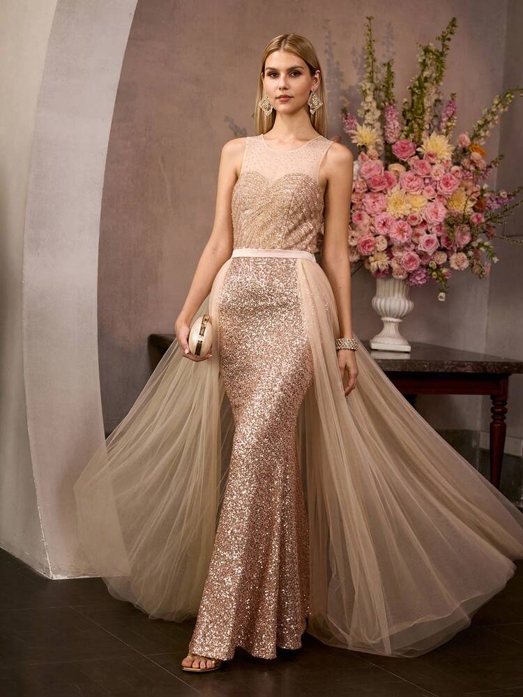 MOTF Soiréza ELEGANT CHAMPAGNE MAXI PARTY DRESS FOR WOMEN, SLEEVELESS ROUND NECK DRESS WITH RHINESTONE EMBELLISHED NECKLINE, SPARKLY SEQUIN FABRIC, FOR EVENING EVENTS, FORMAL PARTIES & NEW YEAR CELEBRATIONS