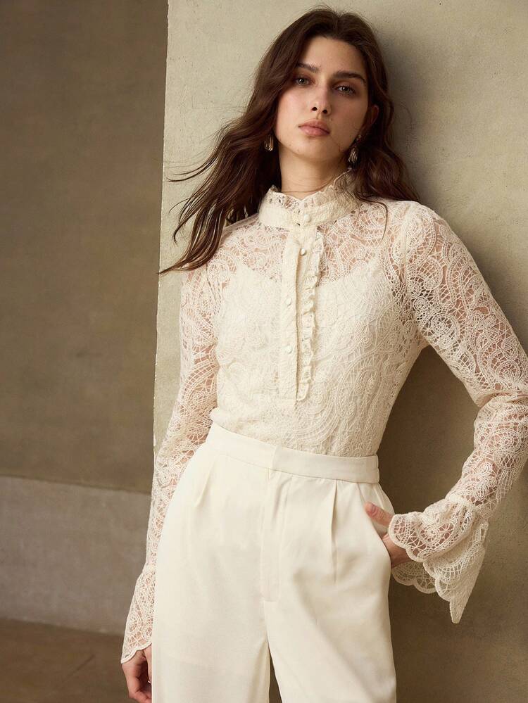 SPRING/SUMMER NEW LACE FRILL COLLAR LONG SLEEVE WOMEN TOP