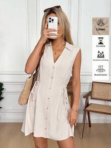 Easowa 杏色无袖收腰迷你连衣裙，亚麻舒适面料，适合休闲、通勤、办公、复古、法式度假风格穿着，春夏款 - 杏色 - 查看 3