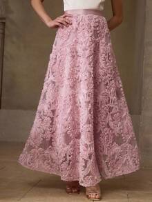 MOTF PREMIUM 刺绣网纱花卉喇叭裙 - 粉色 - 查看 6