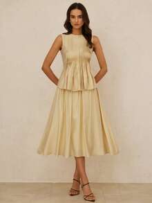 Zanirela Elegante conjunto de 2 piezas para mujer para vacaciones y uso diario, top acolchado sin mangas de diseño vintage con cintura recogida y dobladillo ancho, combinado con falda acampanada de cintura elástica - Amarillo claro - Ver 4