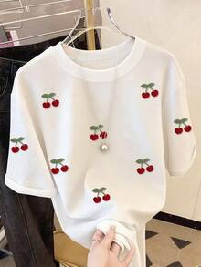 Resyla 女士休闲落肩圆领T恤，樱花刺绣T恤，樱花毛巾刺绣T恤，休闲舒适户外T恤，四季皆宜T恤，水果T恤 - 白色 - 查看 4