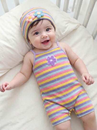 Babygirl Cute Casual Knit Striped Floral Pattern Camisole Romper Cute Flower Pattern, Cherry Girl, Baby Girl Casual Halter One-Piece Shorts Suitable For Spring And Summer. Three-Dimensional Flower Rainbow Striped Halter One-Piece Dress, Colorful Striped One-Piece Shorts, Spring And Summer Style Suitable For Spring & Summer, Relaxing Vacations, Beach Weekends, Cute Summer Outfits For Summer Baby Girl Items, Korean Style, Beach Mode On, Summer Outing Items