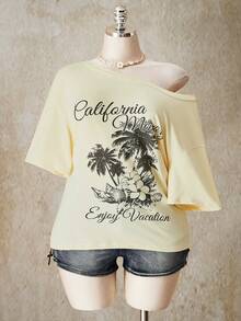 SHEIN ICON 大码女式花朵、棕榈树和贝壳印花宽松黄色T恤，度假风 - 黃色 - 查看 7