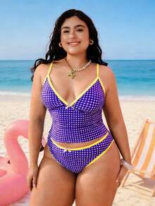 Swim Mod 2026 New Plus Size Women 2 Pieces Geometric Print Fashionable Casual Swimwear, Adjustable Thick Strap High Waist High Leg Triangle Bikini - Purple - View 3