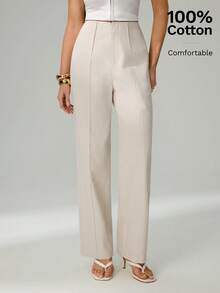 SHEIN Tall 夏季女士浅米色100%纯棉休闲优雅西装裤 - 卡其色 - 查看 6