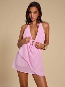 SHEIN BAE Đầm nữ màu trơn thắt nút cổ yếm hở lưng không tay - Hồng - Xem 5