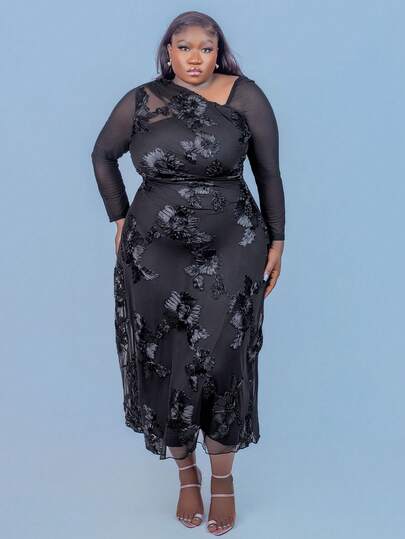 CurvyTilda 大码女式优雅简约时尚基础款日常穿搭ins风通勤时尚达人音乐节刺绣弹力网纱不对称领口褶皱修身长袖连衣裙