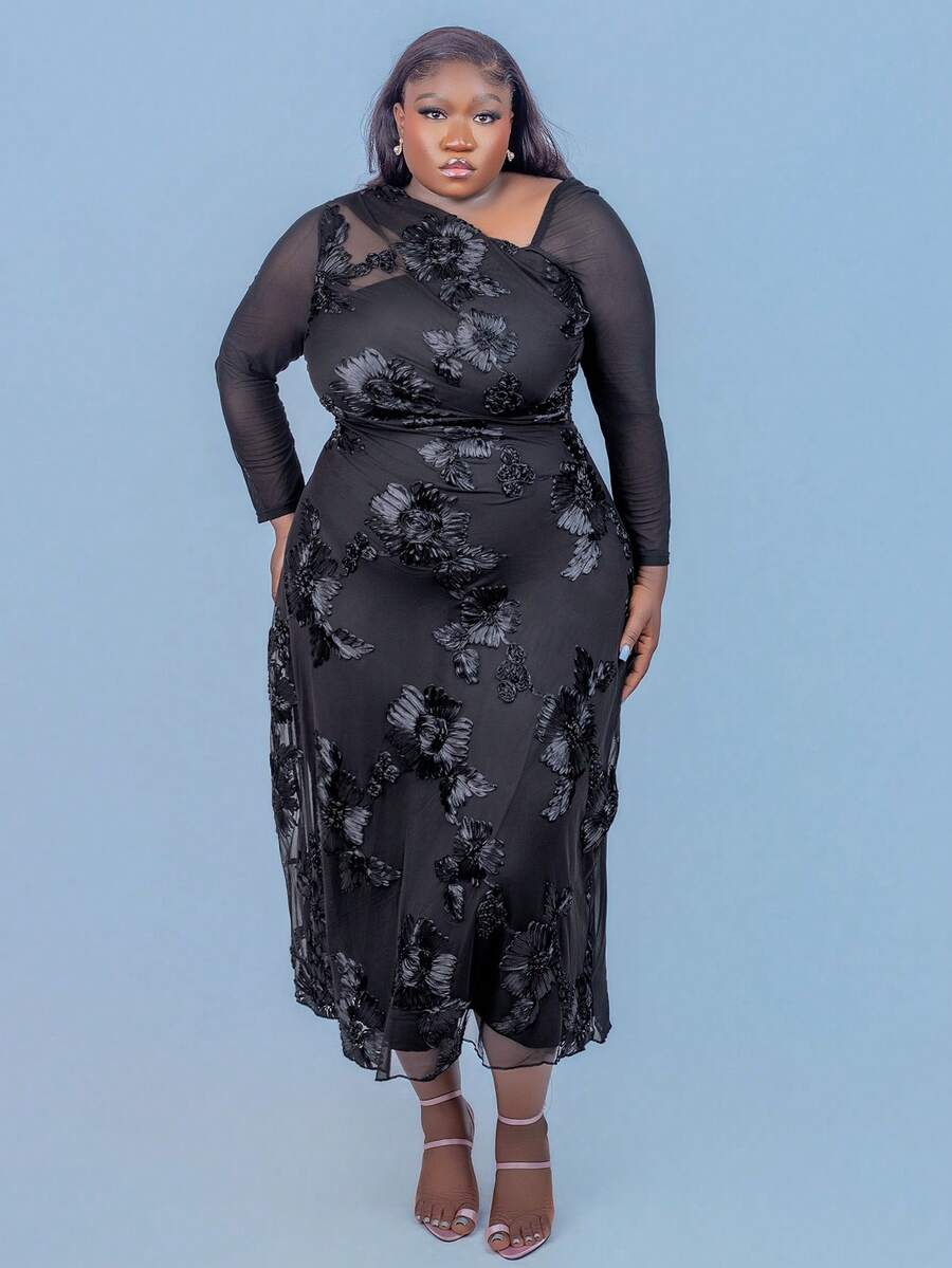 CurvyTilda Plus Size Women's Elegant Minimalist Chic Fashion Basic Everyday Wear Ins Style Office Commute Influencer Music Festival Embroidered Stretch Mesh Asymmetrical Neck Ruched Bodycon Slim Fit Long Sleeve Maxi Dress/New Year, For Hourglass Body Shape - Black - View 1