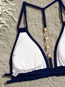 Swim Vcay Women's Summer Beach Solid Color Ruched Halter Tie Sexy Bikini Top - Navy Blue - View 5