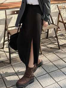 FRIFUL 女士丝绒直筒高开衩裙 - 黑色 - 查看 6