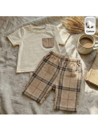 Loomiva 2pcs Newborn Baby Girl/Boy Casual Round Neck Short Sleeve Pocket T-Shirt And Plaid Pattern Loose Pants Pajama Set
