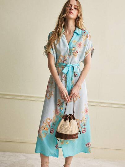 Écloséra Elegant Casual Commute Vacation Open Shoulder Short Sleeve Tie-Waist A-Line Printed Midi Dress For Women, Spring/Summer