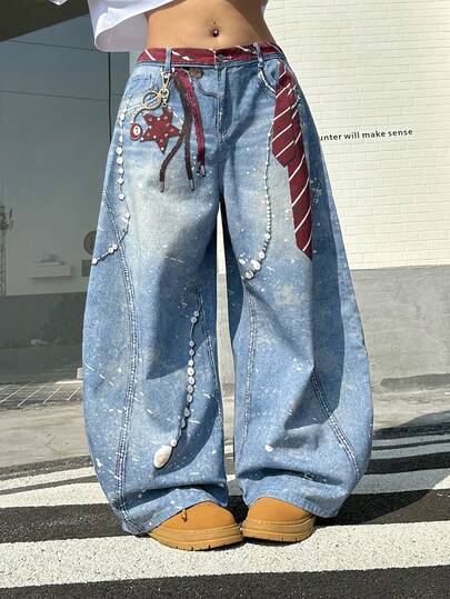 Muchica Plus Size Women's Tie Pattern Pocket Wide Leg Loose Casual Versatile Jeans