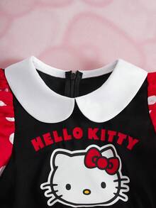 HELLO KITTY AND FRIENDS | SHEIN 少女波点字母卡通印花荷叶边时尚派对外出花瓣袖连衣裙 - 紅色 - 查看 3