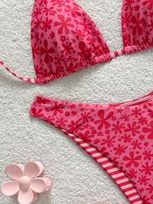 Swim Mod 2026 New Spring/Summer Women 2pcs Swimwear Set, Random Floral Print, Beach Holiday Elegant Casual Swimwear - Red - View 4