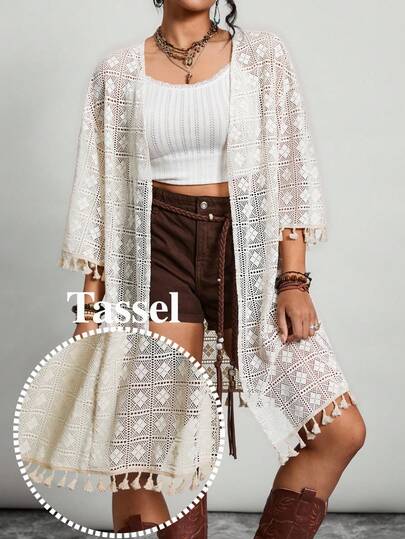 Freevana Plus Size Kimono, Plus Size Beachwear, V-Neck 3/4 Sleeve Jacket, Casual Vacation Top, Sunscreen Clothing, Tassel Decor At Cuffs And Hem, Geometric Lace Pattern, Hollow-Out Top Boho Kimono Lace Kimono Kimono Cover Up Beach Kimono Beach Cover Up