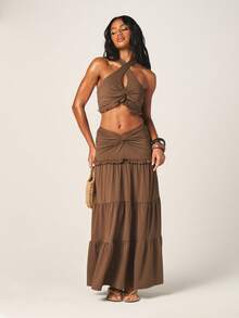 MISSGUIDED Ruffle Hem Halter Neck Twist Front Sleeveless Crop Top Summer Evening Party Blouse Keyhole Design Brown Gathered Detail - Coffee Brown - View 4