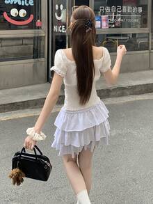 DAZY 女款休閒百褶韓風校園風裙 - 灰色 - 查看 2