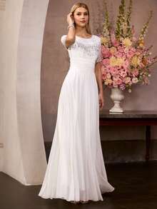 MOTF PREMIUM ELEGANT WHITE SHORT SLEEVE ROUND NECK MAXI PARTY GOWN FOR WOMEN, WITH RHINESTONE EMBELLISHMENTS ON CHEST & SHOULDERS, CHIFFON FABRIC DRESS FOR NEW YEAR, VALENTINE'S DAY, FORMAL PARTIES, GALAS & CELEBRATIONS - White - View 7