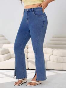 Spring/Summer New Versatile Casual Denim Jeans, Suitable For Outings, Parties, Music Festivals, Back To School, Graduation, Commuting, Vacations, Streetwear, Weddings, Home Leisure, Shopping, City Walks And Multiple Occasions. High-Stretch Washed Blue, Slit, Skinny Flare, Plus Size - Baby Blue - View 5