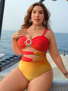 Swim Lushoire 大码女士度假撞色圆环镂空设计连体泳衣 - 彩色 - 查看 5