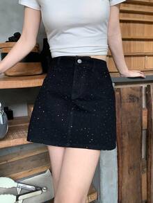 DAZY Women's Rhinestone Embellished Denim Mini Skirt - Black - View 5