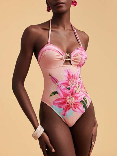 Travachic Women's Floral Print Metal Decor One-Piece Swimsuit, Suitable For Beach Vacation, Pool Party, Beach Party