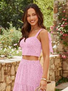 KARISMINA Woven Printed Tie-Up Cropped Fitted Women's Tank Top Spring Streetwear For Women Casual Vacation - Pink - View 4