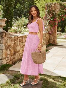 KARISMINA Woven Printed Tie-Up Cropped Fitted Women's Tank Top Spring Streetwear For Women Casual Vacation - Pink - View 5