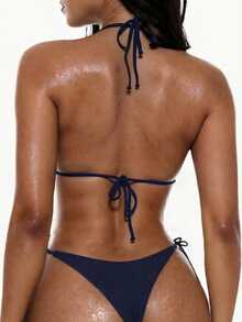 Swim Basics 1 Set Women Solid Color Sexy Lace-Up Bikini, Beach Swimwear For Summer Beach Vacation - Navy Blue - View 2