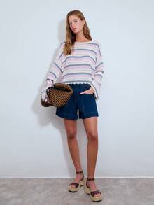 Nöista Open Knit Sweater , Round Neckline, And Scalloped Hem, Features Horizontal Stripes, Relaxed Fit. Beachwear, Spring, Summer, Easter, Casual Look. - Multicolor - View 6