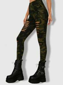 ROMWE Grunge Punk 1pc Fashionable Ripped Tights/Pantyhose/Leggings For Women - Army Green - View 3