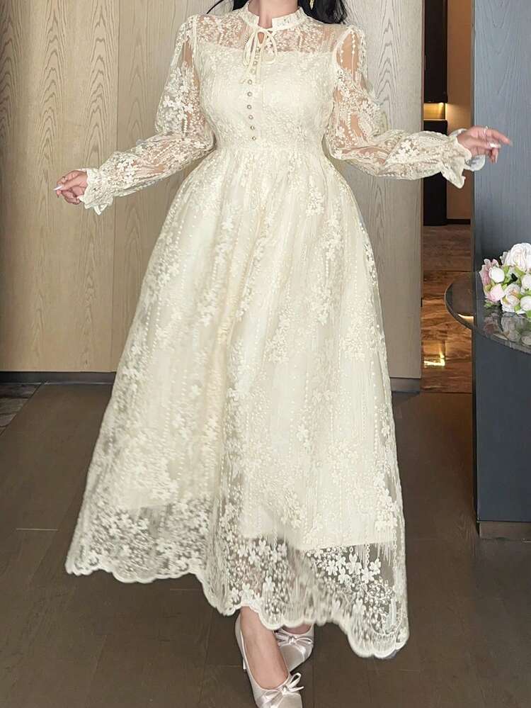 Dazy Plus Plus Size Women's Elegant Lace Tie-Up Party Dress, Spring/Summer Sun Dresses For Women
