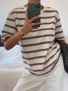 DAZY Casual Loose Striped Round Neck Short Sleeve T-Shirt, Summer Graphic Tees Women - Apricot - View 7