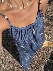 DAZY 女士宽松条纹印花吊带背心和阔腿裤两件套度假套装 - 藍色 - 查看 6