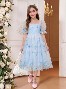 SHEIN Pitira Tween Girl Woven Mesh Embroidered Square Collar Fitted Petal Sleeve Princess Dress,Kids - Baby Blue - View 4