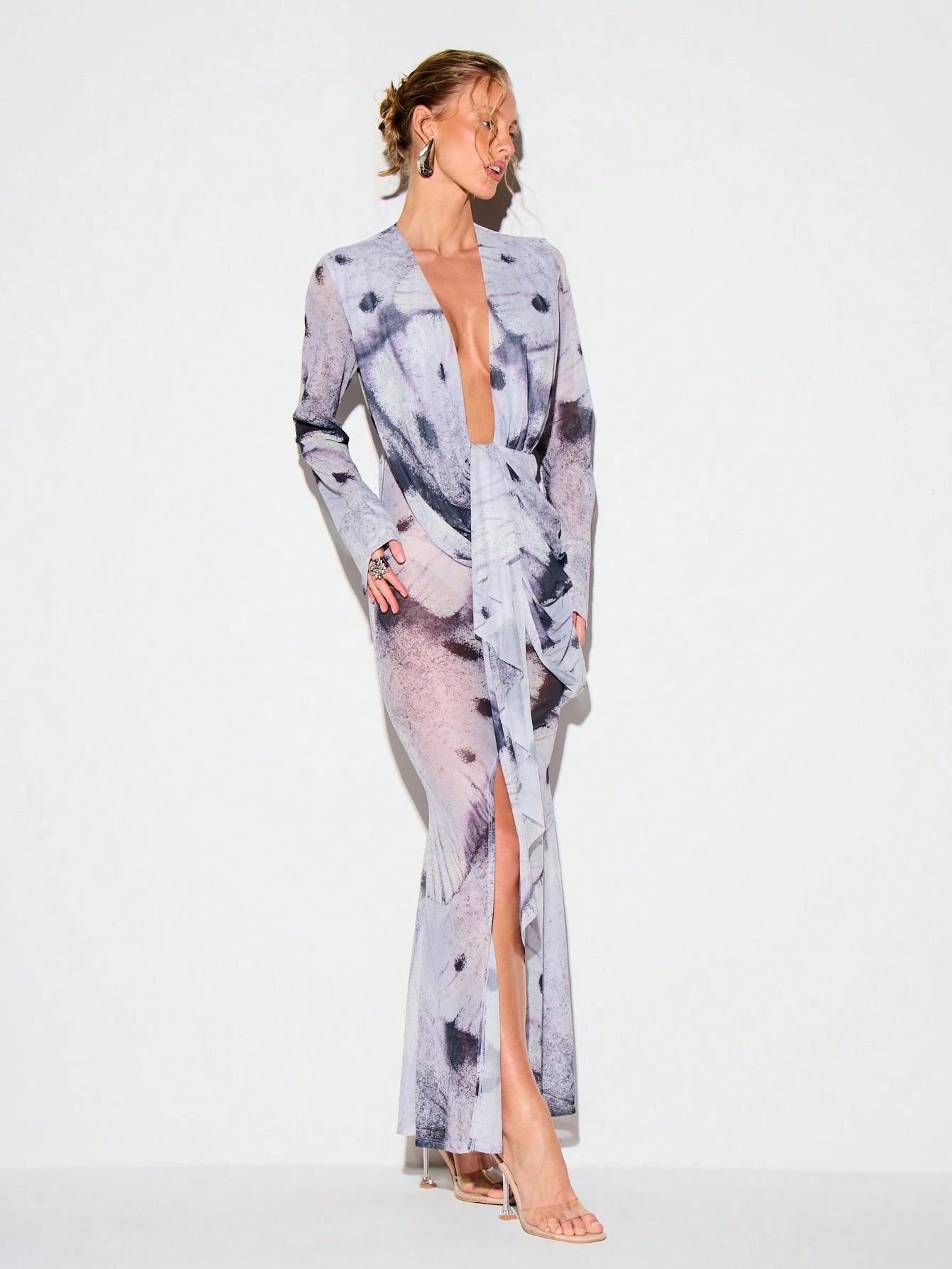 KIZN Printed Mesh Wrap Maxi Dress With Tie Detail