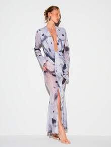 KIZN Printed Mesh Drape Deep V-Neck Long Sleeve Maxi Dress With Tie Waist And Side Slit - Multicolor - View 4